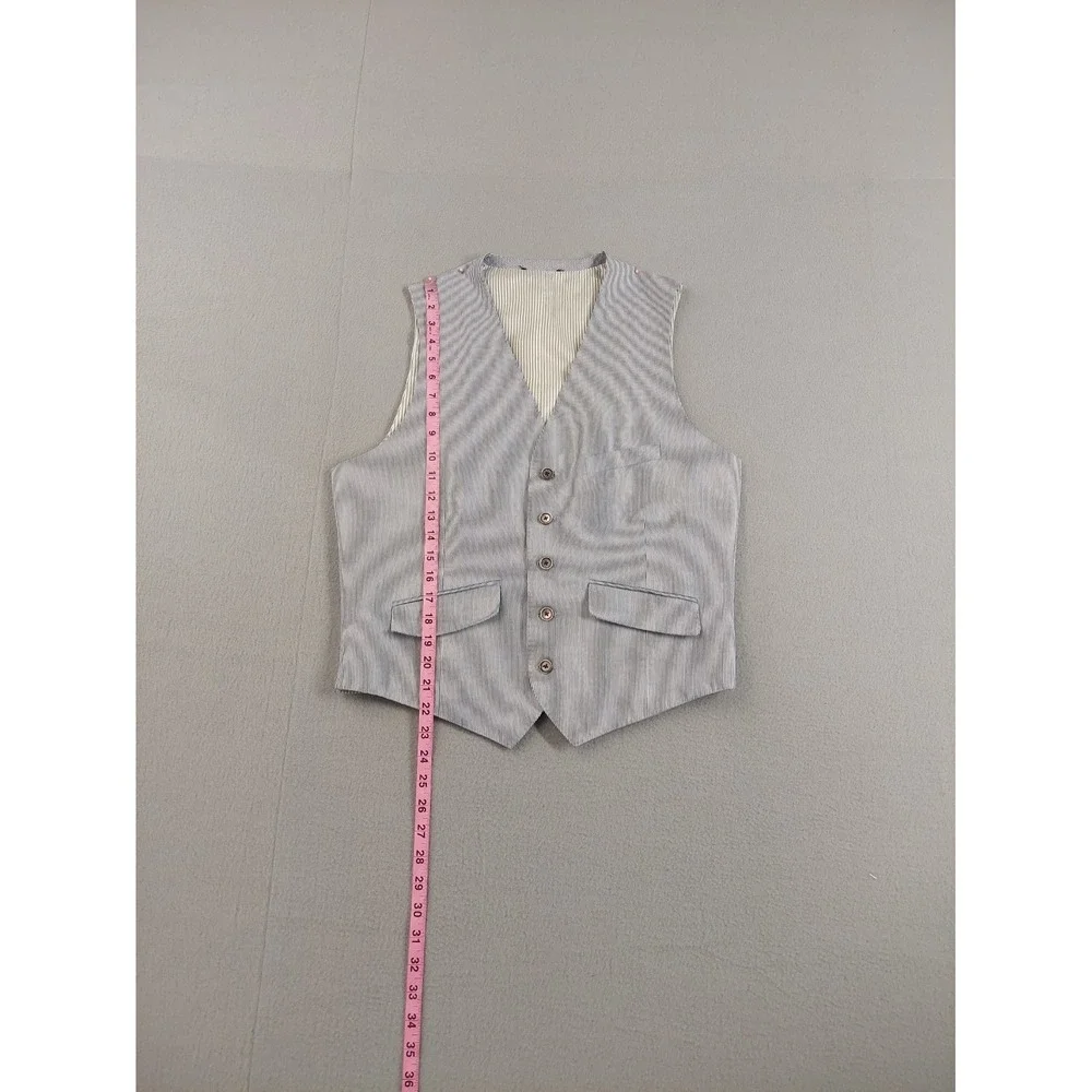 Banana Republic Men Suit Vest 40R Blue Stripe Tailored Fit Wrap Button Waistcoat